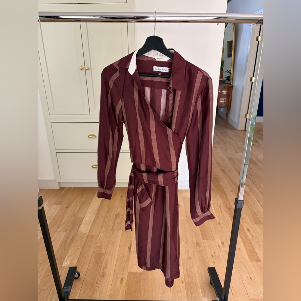 100% Silk Made in Italy Striped Wrap Dress in Burgundy and Taupe